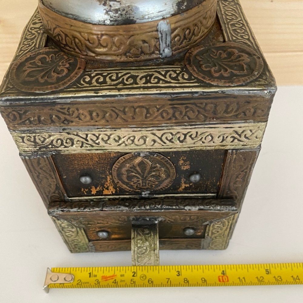 SOLD Moroccan Coffee Grinder Vintage Hand Crank Ornate Brass Metal & Wood Boho - Picture 12 of 14